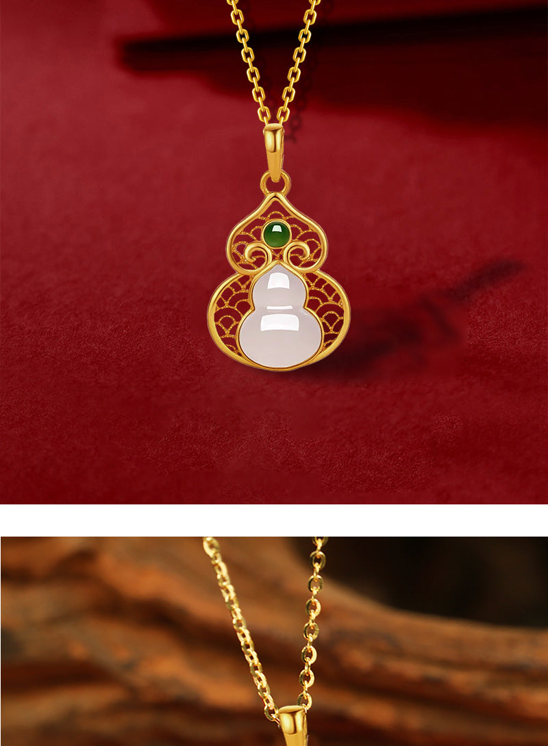 S925 Silver Simple and Fashionable Fulu Gourd Clavicle Chain Inlaid with Natural Hetian Jade High-End Necklace Factory Direct Sale