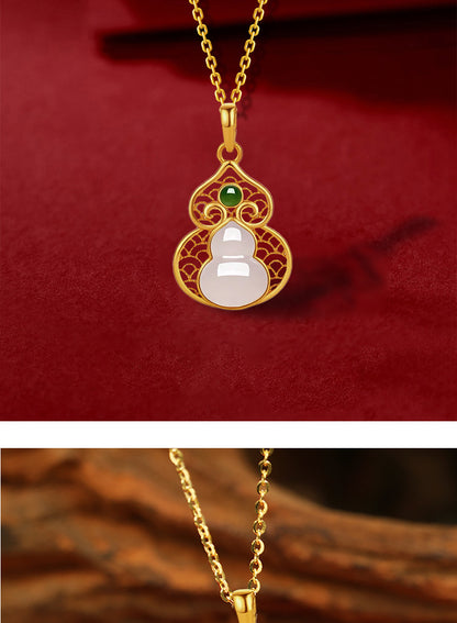 S925 Silver Simple and Fashionable Fulu Gourd Clavicle Chain Inlaid with Natural Hetian Jade High-End Necklace Factory Direct Sale