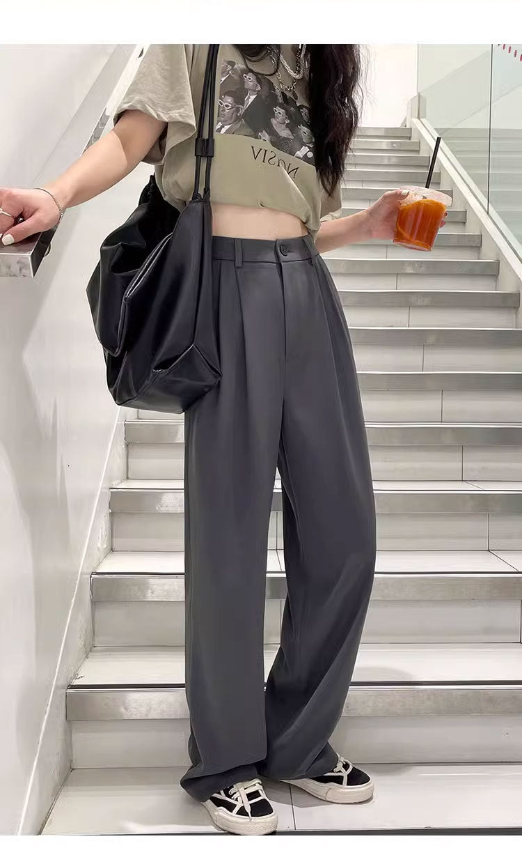 Gray Suit Pants for Women Spring and Summer New High-Waisted Double Pleated Slim Floor-Length Trousers Casual Straight Wide-Leg Pants