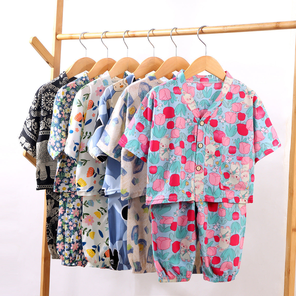 Children's Home Clothes Cotton Silk Suit Summer Boys and Girls Pajamas Artificial Cotton Two-Piece Set Cotton Silk Air-Conditioned Clothes Kidsren's Clothing