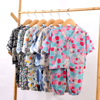 Children's Home Clothes Cotton Silk Suit Summer Boys and Girls Pajamas Artificial Cotton Two-Piece Set Cotton Silk Air-Conditioned Clothes Kidsren's Clothing