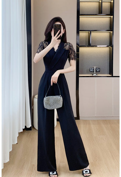 Cross-border High Leng Yujie Style Pants Women's Summer Short-sleeved High Waist Lace Stitching Hollow-out Pants Straight Pants