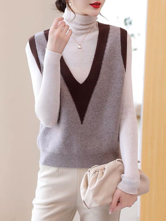 Woolen sweater knitted vest for women 2023 Autumn New sleeveless stacked color matching V-neck wool warm vest waistcoat by PDG ibma