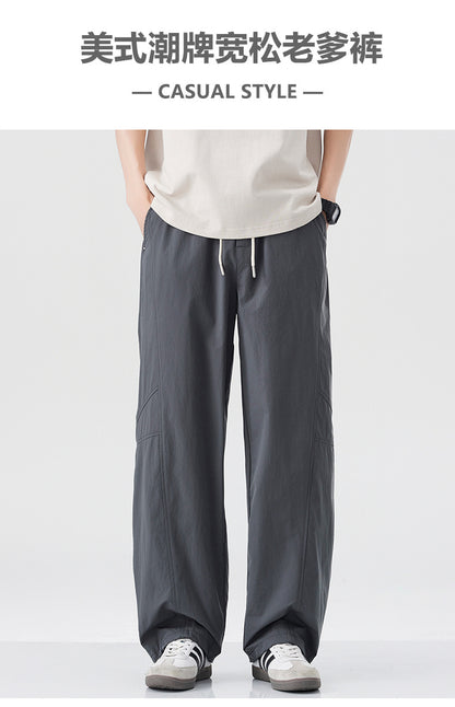 Danpaoni | summer thin casual pants men's American fashion retro loose straight pants elastic waist youth pants