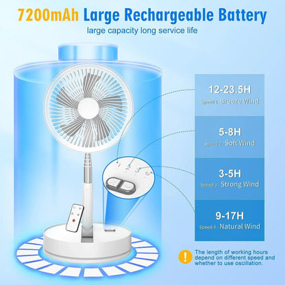 XIAOTREE Wireless Folding Desk Fan Telescopic Outdoor Travel Camping Floor Fan With 7200 mAh USB Rechargeable Fan Standing Fan