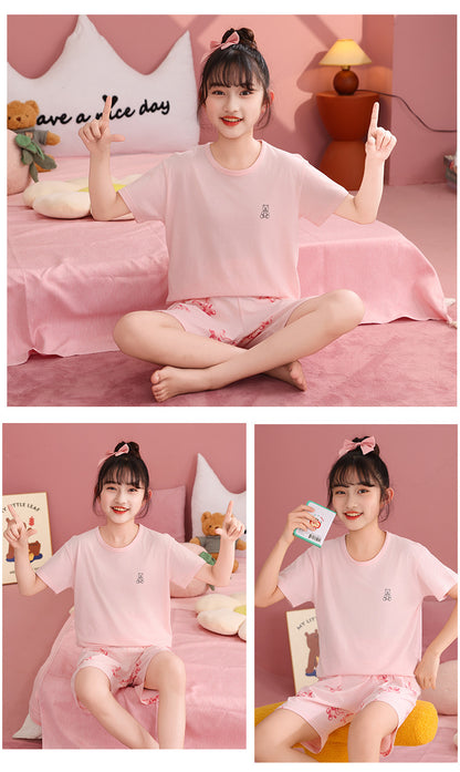 Children's Pajamas, Pure Cotton, Summer Short-Sleeved Shorts Set for Boys, Home Clothes for Girls, Air-Conditioned Clothes for Middle-Aged and Older Boys