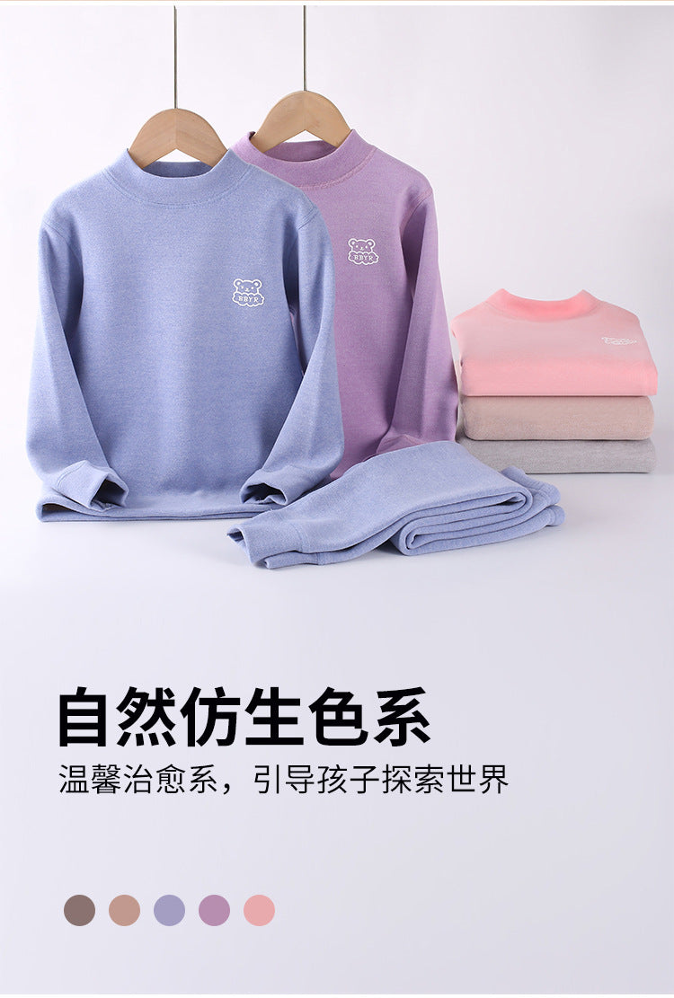 Autumn and winter fleece-lined children's clothing large children's mid-collar autumn pants children's inner warm bottoming shirt children's home clothing suit