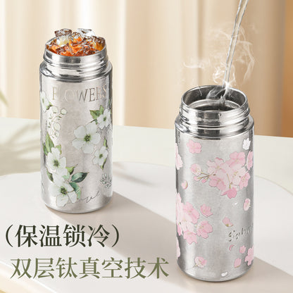 Pocket Insulated Cup Mini Compact Wave Cherry Blossom Rose Pure Titanium Coffee Mug Couple Portable Cute Healing Travel Companion