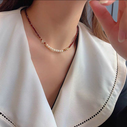 Natural Freshwater Pearl Necklace Imported Zircon Beaded Cutting High-grade Sense Exquisite All-match Love Pendant Necklace Women