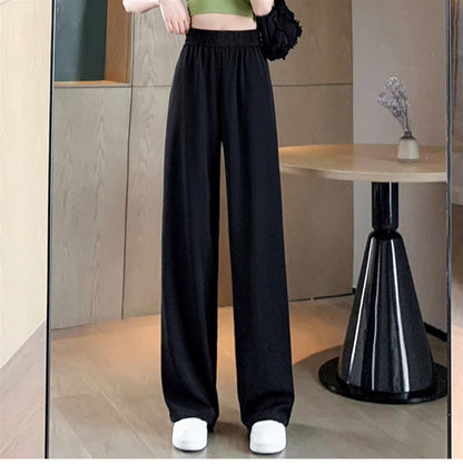 Ice Silk Thin Narrow Wide-Leg Suit Pants for Women, Summer Casual Pear-Shaped Body Slimming Drape Straight Sunscreen Pants