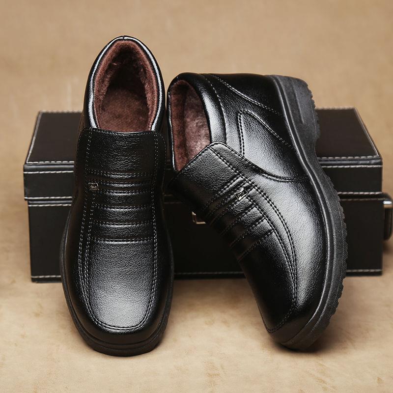 2022 Winter fleece-lined warm plush high-top leather shoes men's middle-aged and elderly dad shoes cotton-padded shoes non-slip slip slip-on men's shoes