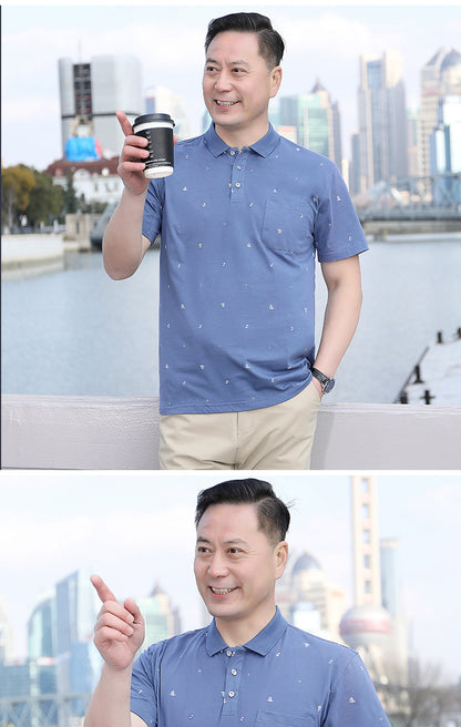 Middle-aged Men's Cotton Short-sleeved T-shirt Lapel Pocket Summer Middle-aged and Elderly plus size Half-sleeved Dad T-shirt Father