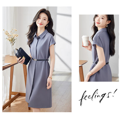 [Elegant Long Skirt] V-neck Short-sleeved dress High-end Work Clothes Mid-length Skirt Spring and Summer Business Wear Uniform