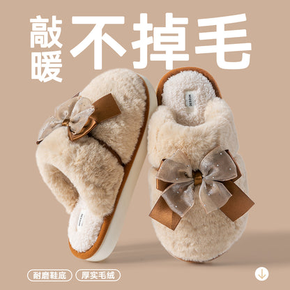 Bow Plush Cotton Slippers for Women Autumn and Winter 2025 New Warm Indoor Home Soft Sole Anti-Slip Confinement Slippers