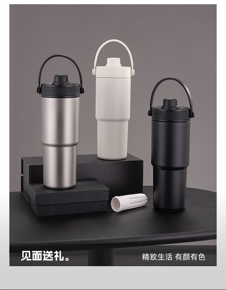 Cross-border high-value 316 stainless steel thermos cup large-capacity double-drink ceramic liner car cup portable handle cup