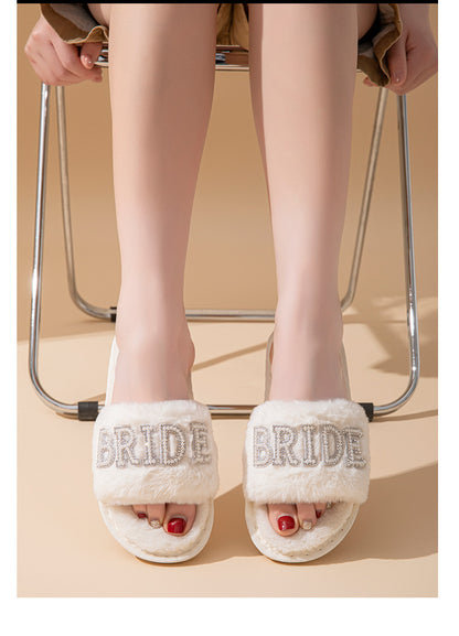 Beide Mrs Ido Pearl Letter Stuffed Slippers Wedding Party Bridal Fur Slippers Cross-Border Popular Cotton Slippers