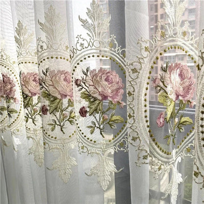 American Luxury Peony Embroidery Tulle Curtains for Living Room European Elegant Flower Embroidered Sheer Voile Bedroom Window
