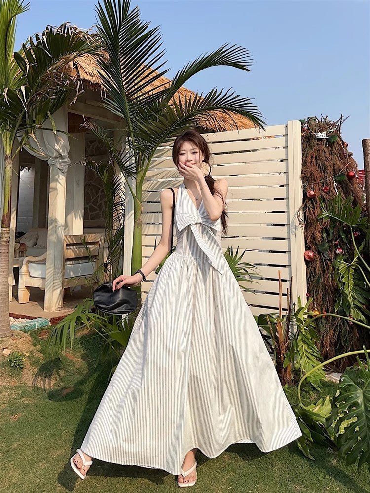 Gentle Style Stripesd Bow Halter V-Neck Dress for Women Summer Seaside Vacation A-Line Skirt French Style Long Skirt