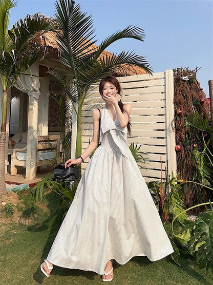 Gentle Style Stripesd Bow Halter V-Neck Dress for Women Summer Seaside Vacation A-Line Skirt French Style Long Skirt