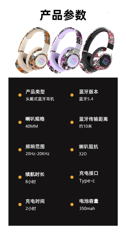 2026 Popular Bluetooth Headphones Over-Ear Headphones with Painted Graffiti Led Lighting 3D Seamless Earcups Private Model