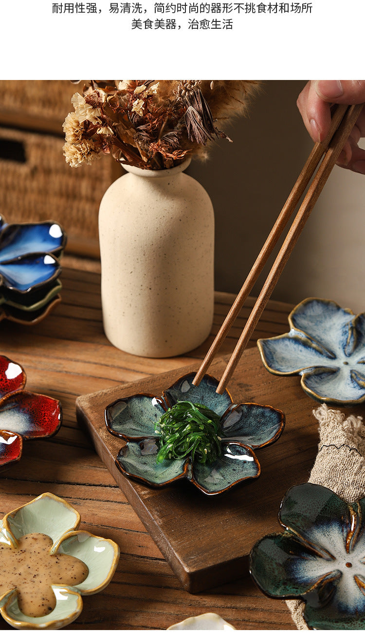 Retro Japanese Ceramic Plate Flower-Shaped Small Plate Creative Flavor Plate Dipping Plate Small Dish Multi-Color Kiln-Turned Plate
