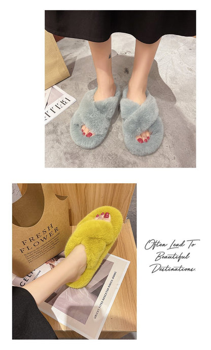 Foreign Trade Furry Slippers for Women 2025 Autumn and Winter New Korean Style Lazy Outer Wear Cross Thick-Soled Open-Toe Slippers for Outer Wear