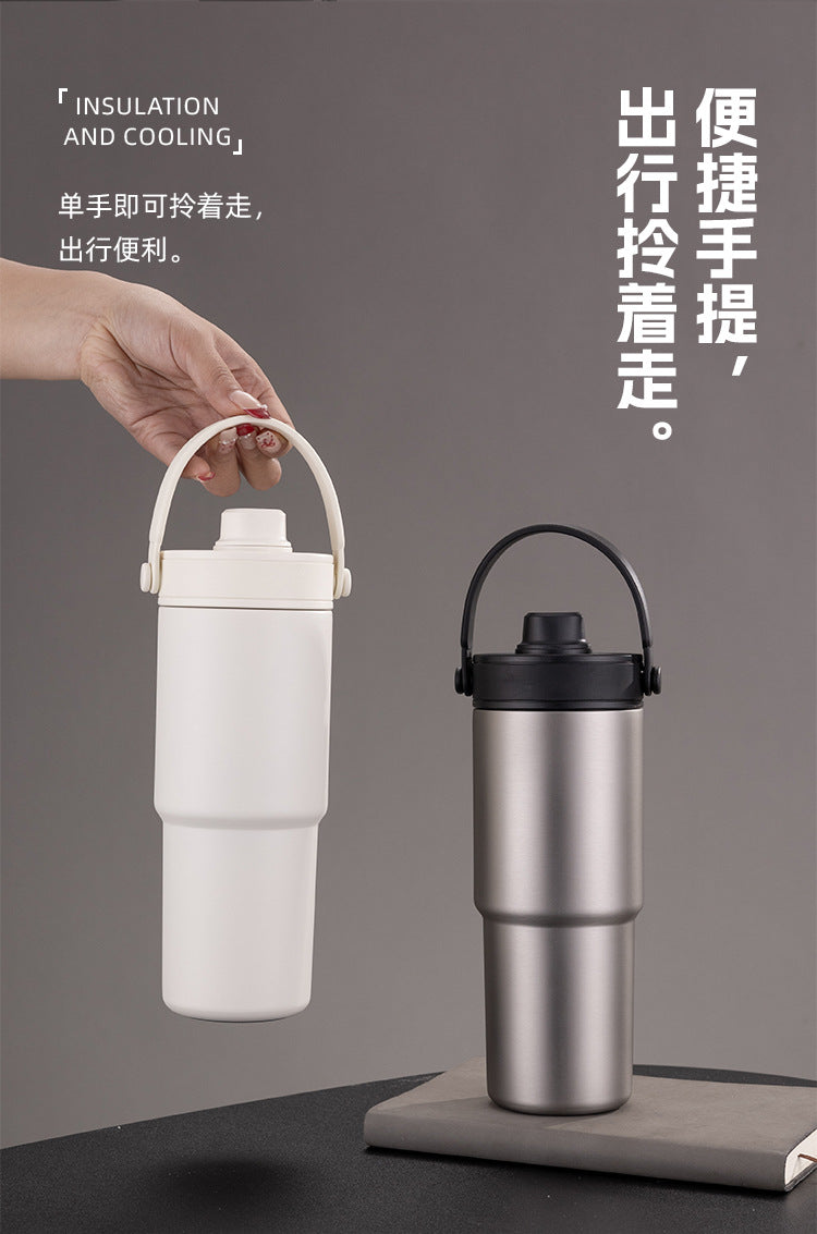 Cross-border high-value 316 stainless steel thermos cup large-capacity double-drink ceramic liner car cup portable handle cup