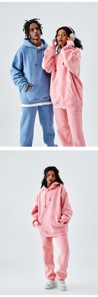 Tilani Men's Clothing European and American Trendy Brand High Quality 350g Fleece-Lined Thick Men's and Women's Hooded Sweatshirt and Sweatpants Pure Color Suit