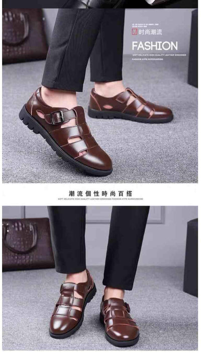 Leather cowhide special clearance shoes hollow leather sandals men's casual hole shoes middle-aged business dad shoes