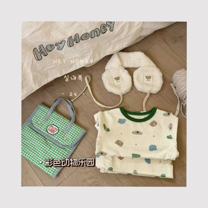 Spot Large and Small Roll Heyhoney24 Lycra Cotton Boys and Girls Autumn Clothes Intimates Printed Home Clothes Pajamas Two-Piece Set