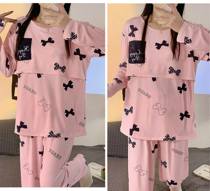 Women Nursing Pyjamas Homewear Spring Autumn Maternity Pajamas Set Cute Breastfeeding Clothes Long-sleeved Pregnancy Sleepwear