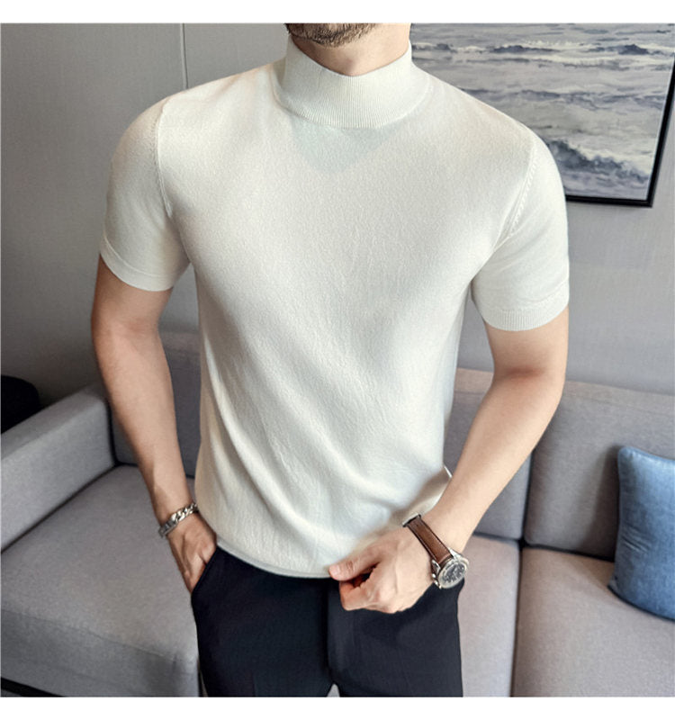 Tiktok Taobao Dropshipping Men's Short-Sleeve Knitwear, Fashionable Versatile Half-Turtleneck Slim-Fit Half-Sleeve Sweater Base Shirt