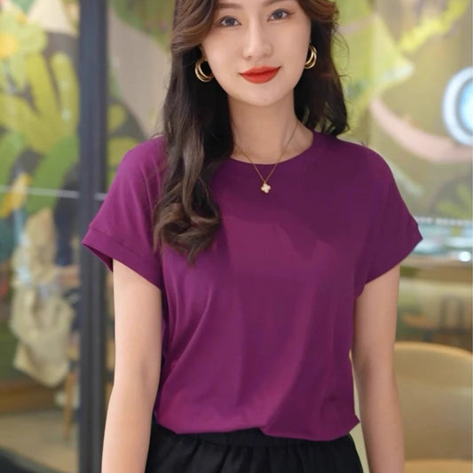 Tiktok batwing sleeve t-shirt women's round neck summer solid color simple small flying sleeve casual all-match loose short sleeve t-shirt women by PDG ibma