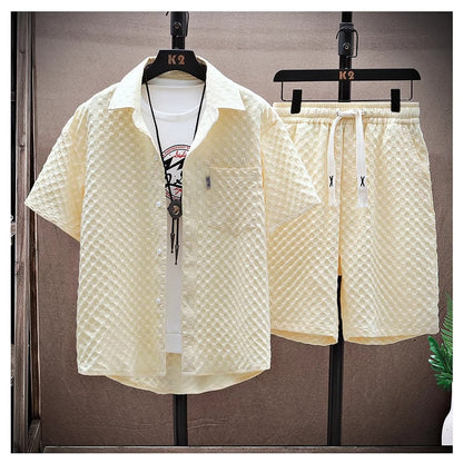 Thin sports leisure two-piece 2024 summer ice silk suit men's ruffian handsome fashion short sleeve shirt shorts set