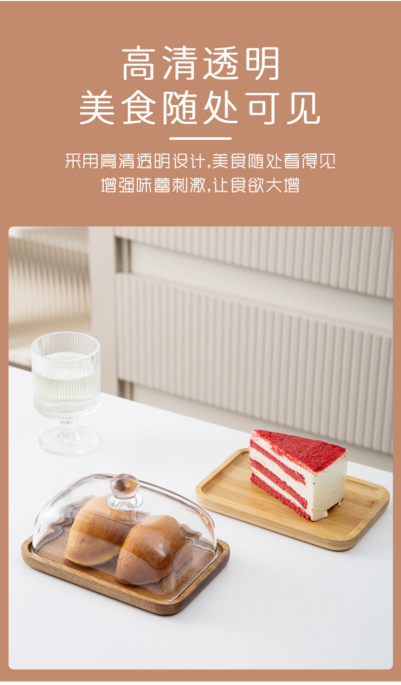 Bamboo and Wood Cake Plate Transparent Glass Display Dinner Plate Dessert Cake Western Food Plate with Table Cream Plate Cross-border Foreign Trade