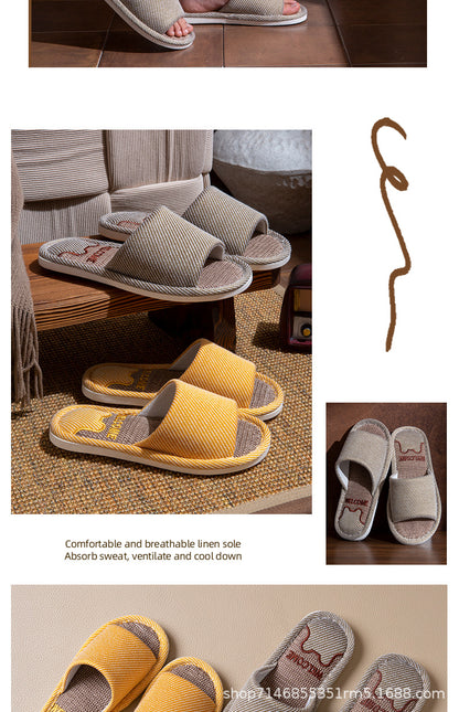 Linen Slippers Men's Breathable Indoor Home Non-slip Soft Bottom Mute Sweat Absorbing Spring and Autumn Four Seasons Foot Bear Floor Slippers