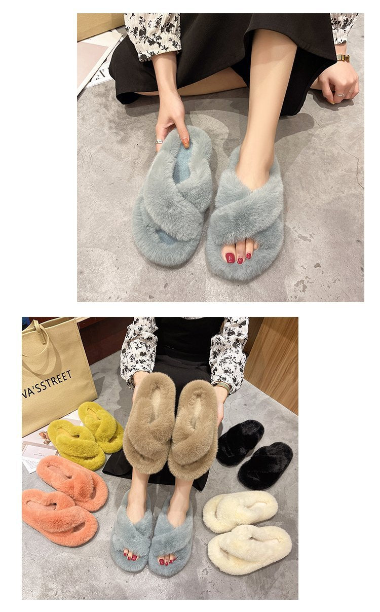 Foreign Trade Furry Slippers for Women 2025 Autumn and Winter New Korean Style Lazy Outer Wear Cross Thick-Soled Open-Toe Slippers for Outer Wear