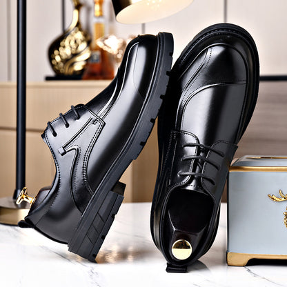 Men's Business Casual Leather Shoes with Large Toe, Thick Sole, Lace-Up, Hollow-Out Design, Fashionable British Style, Versatile Formal Men's Shoes, Breathable