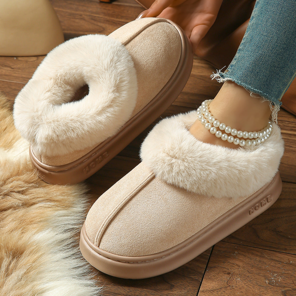 2025 Cross-Border New Pure Color Suede Splicing Home Slippers Thick-Soled Non-Slip Plush Warm Couple Cotton Shoes for Women