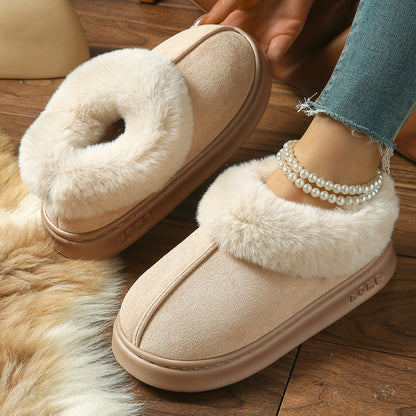 2025 Cross-Border New Pure Color Suede Splicing Home Slippers Thick-Soled Non-Slip Plush Warm Couple Cotton Shoes for Women