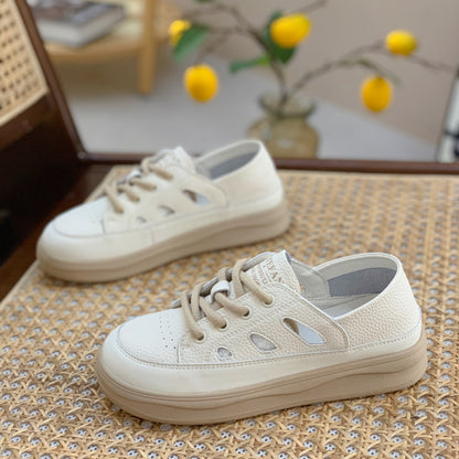 Genuine Leather Retro Sneakers for Women 2025 Spring & Fall New Niche High-Bottom Soft-Soled White Shoes Flats-Soled Sports and Casual Shoes