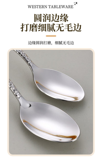 Cross-border 304 Stainless Steel Knife, Fork and Spoon Tableware Hotel Western Food Square Handle Thickened Water Cube Hammer Steak Knife, Fork and Spoon