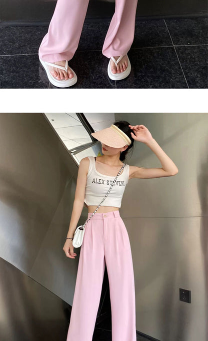 Gray Suit Pants for Women Spring and Summer New High-Waisted Double Pleated Slim Floor-Length Trousers Casual Straight Wide-Leg Pants