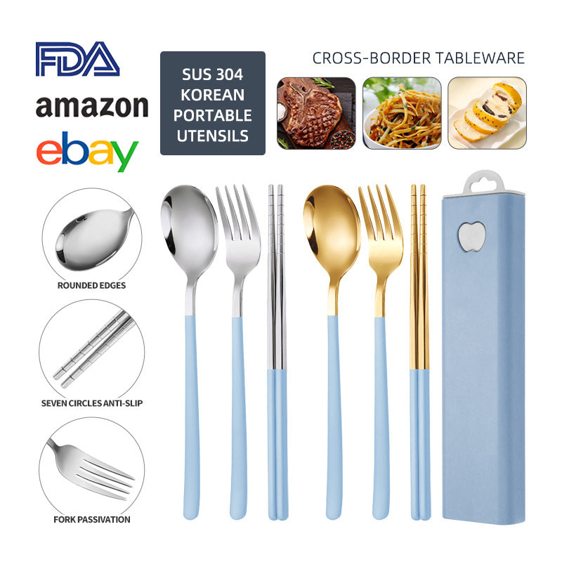304 Stainless Steel Convenient Tableware Fork, Spoon and Chopsticks Three-Piece Set Outdoor Travel Student Storage Box Tableware Set