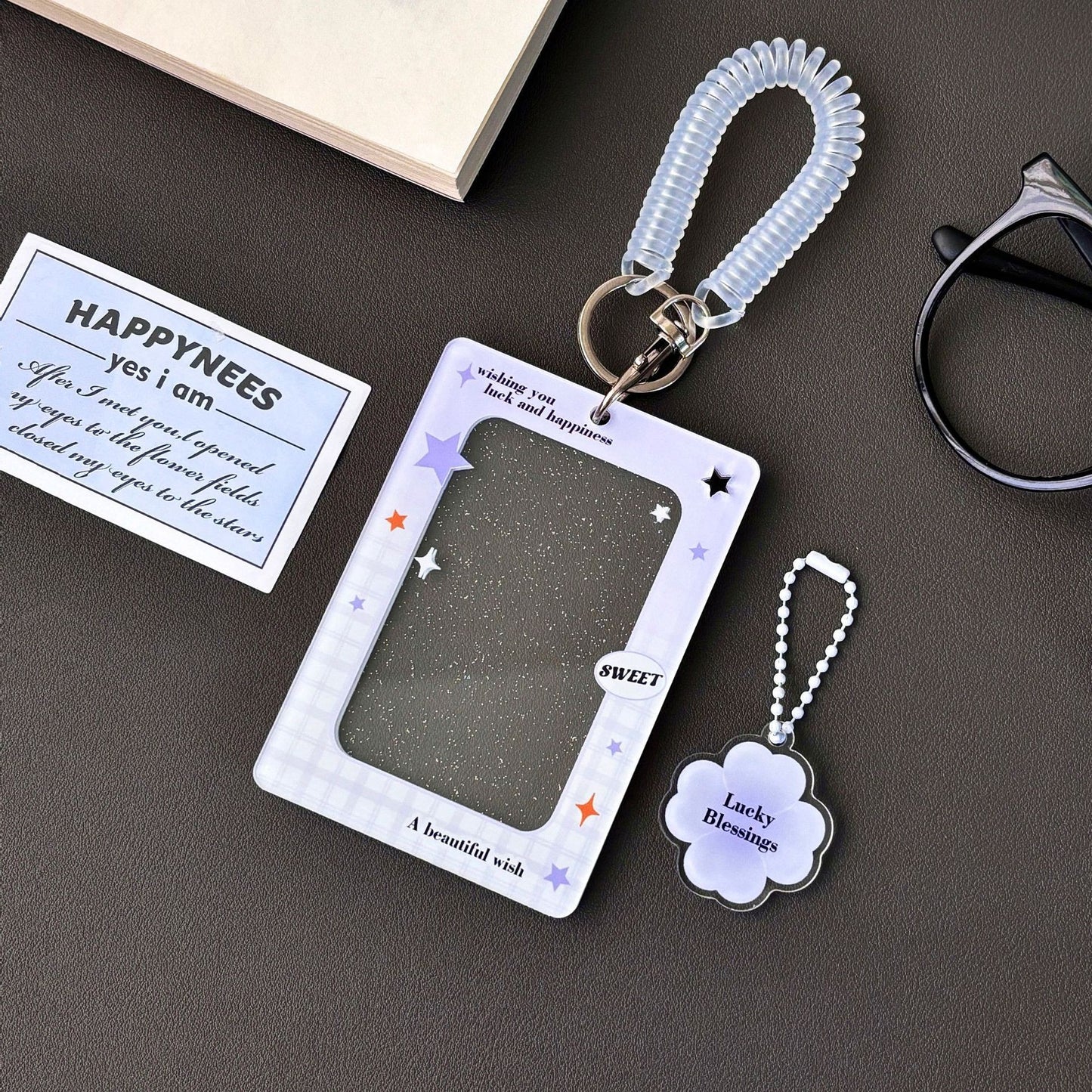 Original Ins Four-Leaf Clover Transparent Glitter Card Holder Acrylic Small Card Holder Small Card Id Card Card Film Card Holder
