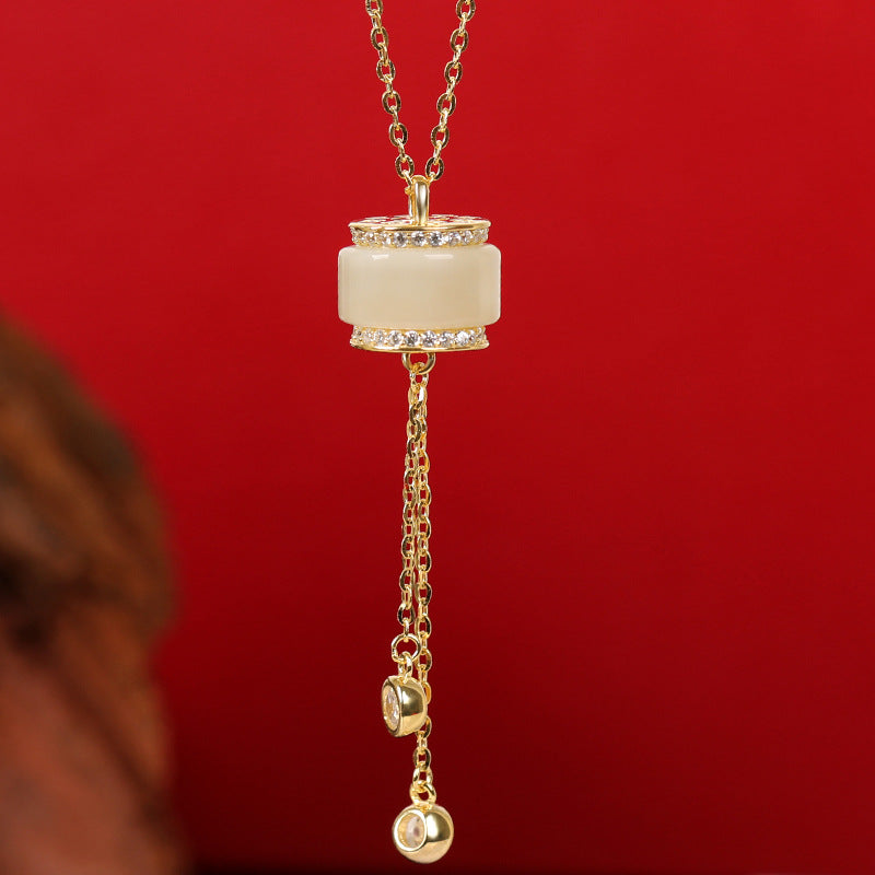 Source Factory S925 Sterling Silver Necklace Hetian Jade Passepartout Small Waist Tassel Pendant Summer Light Luxury Niche Accessories
