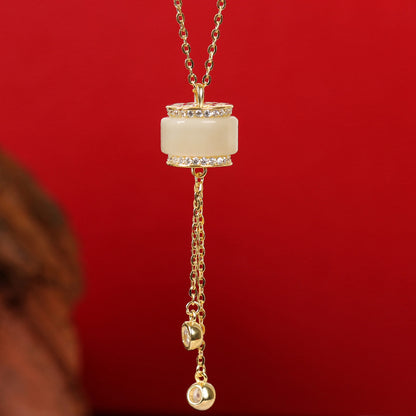 Source Factory S925 Sterling Silver Necklace Hetian Jade Passepartout Small Waist Tassel Pendant Summer Light Luxury Niche Accessories