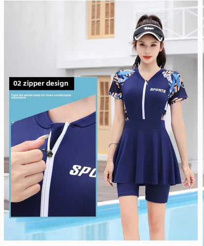 Women's Swimsuit Conservative Split Large Size One-Piece Hot Style High-End Slimming Look Belly-Covering Swimming Pool Professional Hot Spring Swimsuit