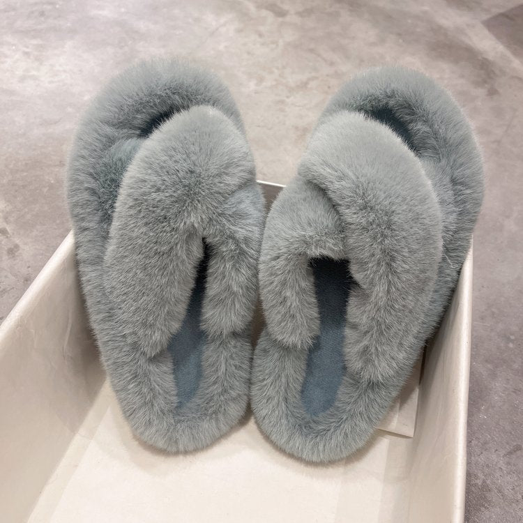 Foreign Trade Furry Slippers for Women 2025 Autumn and Winter New Korean Style Lazy Outer Wear Cross Thick-Soled Open-Toe Slippers for Outer Wear