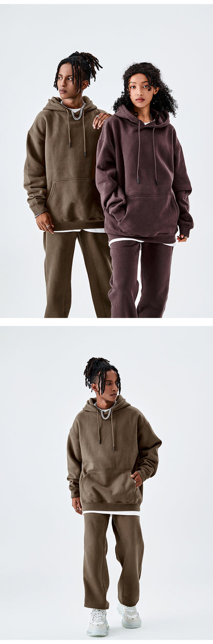 Tilani Men's Clothing European and American Trendy Brand High Quality 350g Fleece-Lined Thick Men's and Women's Hooded Sweatshirt and Sweatpants Pure Color Suit